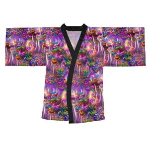 Mushroom pattern silky kimono robe with black trim, unisex