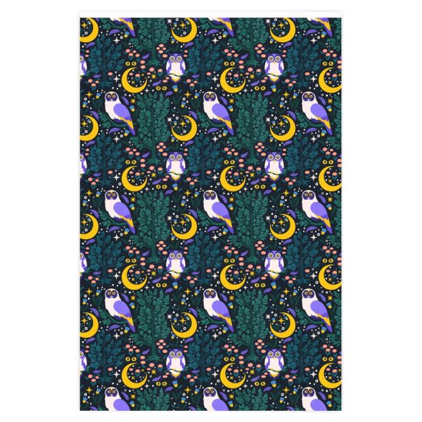 A roll of celestial night owls print wrapping paper made from craft paper. The design features a repeating pattern of whimsical owls and stars against a deep blue background. The roll is perfect for gift wrapping or crafting projects.