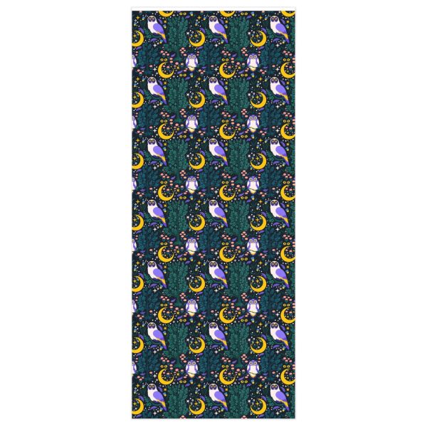 A roll of celestial night owls print wrapping paper made from craft paper. The design features a repeating pattern of whimsical owls and stars against a deep blue background. The roll is perfect for gift wrapping or crafting projects.