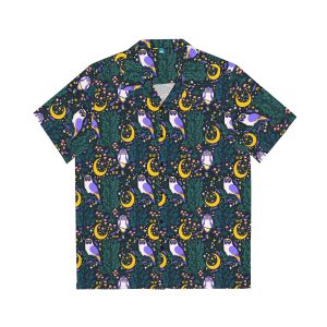 Celestial Night Owls Men's Hawaiian Shirt, Trippy Aloha Shirt, Button down vacation shirt